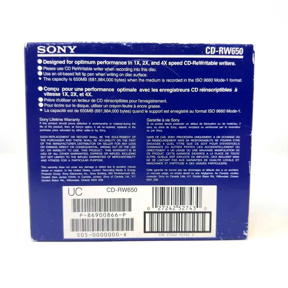 Sony CD-RW650 CD ReWritable Discs Multi Speed 650MB Data Storage Media 5 Pack